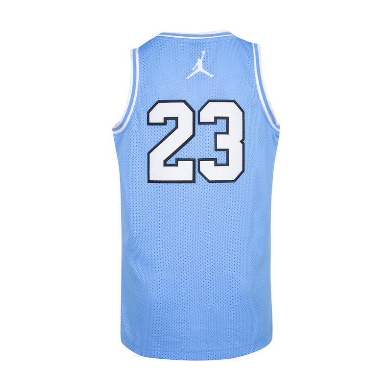Youth light blue basketball jersey back view with number 23 and Jordan logo