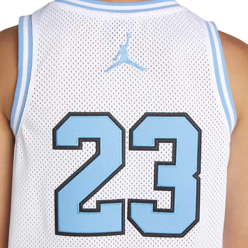 White jersey detail: Jumpman logo above large light-blue 23 number