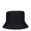 Black bucket hat with dark grey allover geometric animal-print pattern