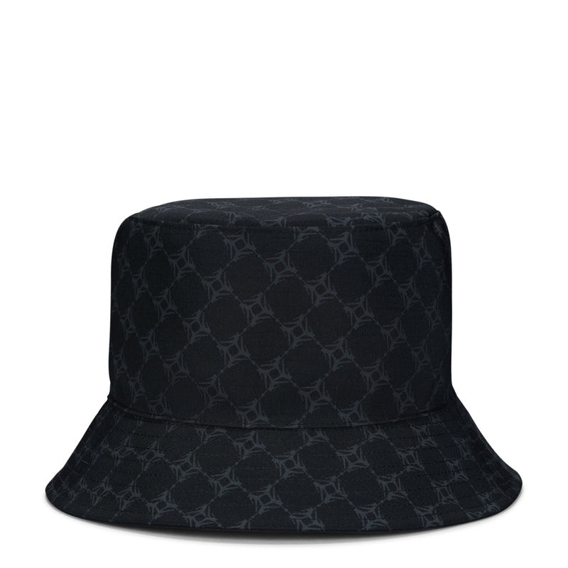 Black bucket hat with dark grey allover geometric animal-print pattern