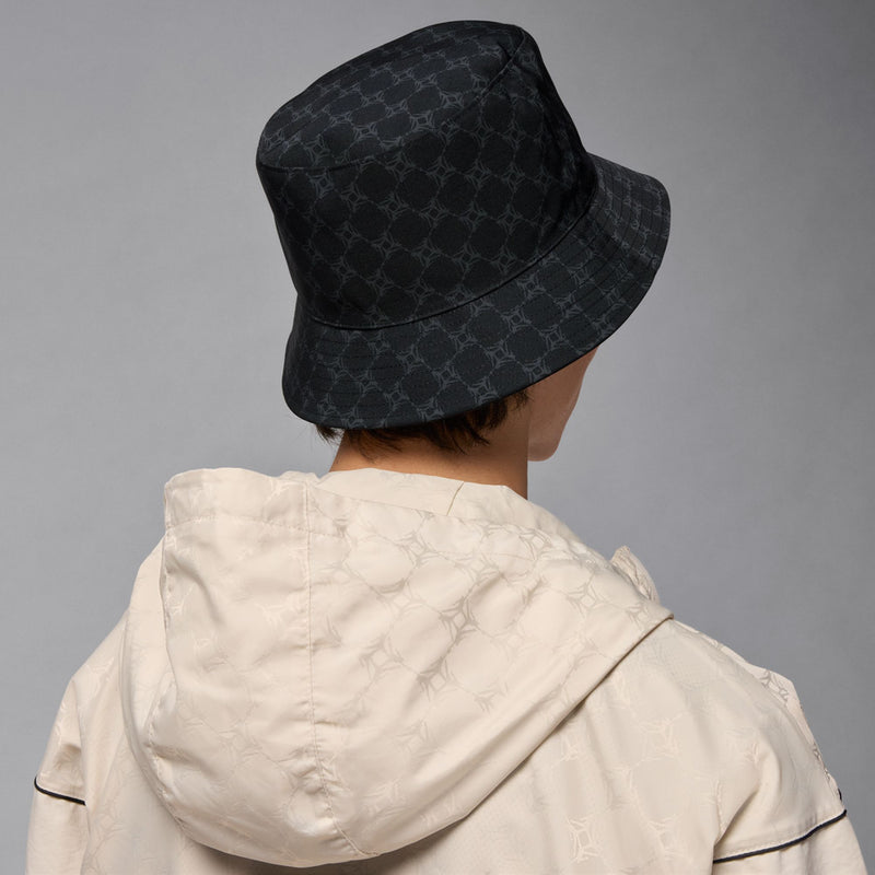 Black bucket hat viewed from back with dark grey allover pattern
