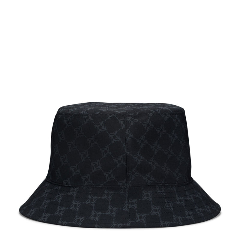 Black bucket hat with dark grey allover pattern and wide curved brim