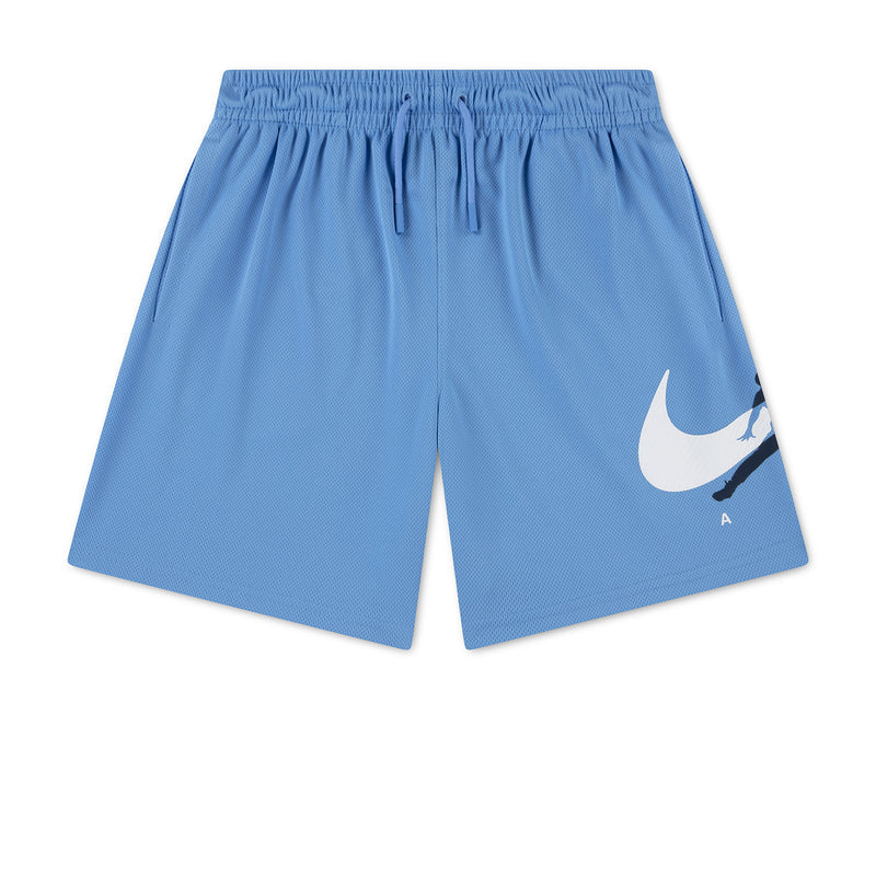Youth blue mesh athletic shorts with elastic waist and drawstring, side Jordan logo