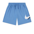 Youth blue mesh athletic shorts with elastic waist and drawstring, side Jordan logo