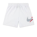 Youth white mesh basketball shorts with elastic waist, drawstring, and Swoosh with red logo