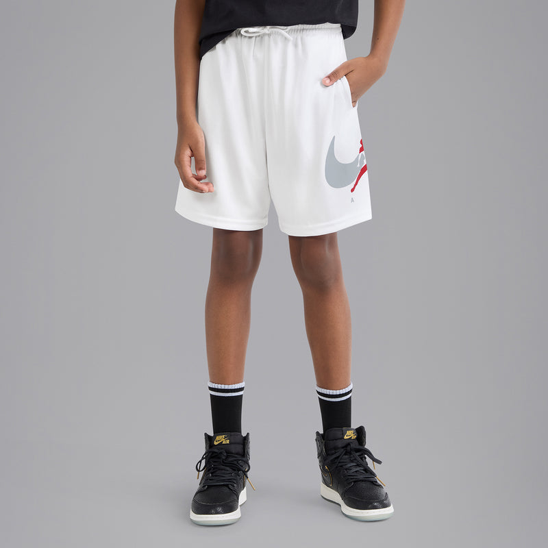 Youth white mesh shorts with elastic waistband and Swoosh logo on the right leg