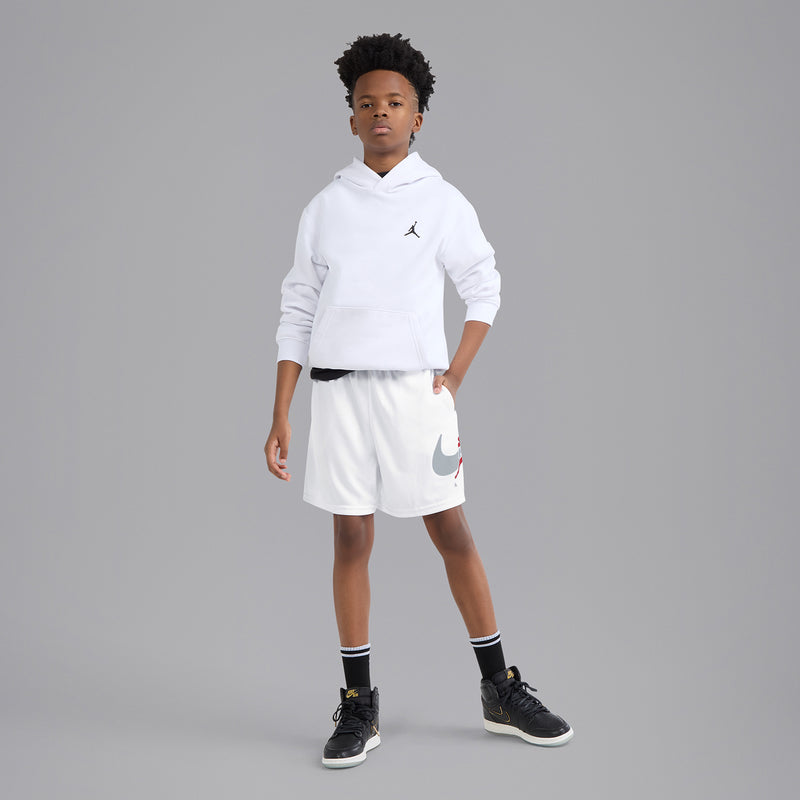 Youth white mesh basketball shorts with Swoosh and red jumpman graphic on the leg