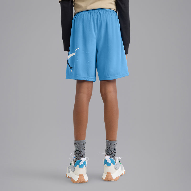 Youth blue mesh shorts from back view, elastic waist and drawstring with large logo