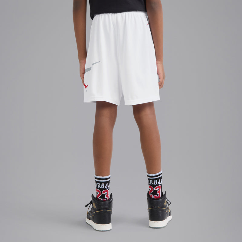 Youth white mesh shorts with elastic waist and Swoosh graphic with red jumpman detail
