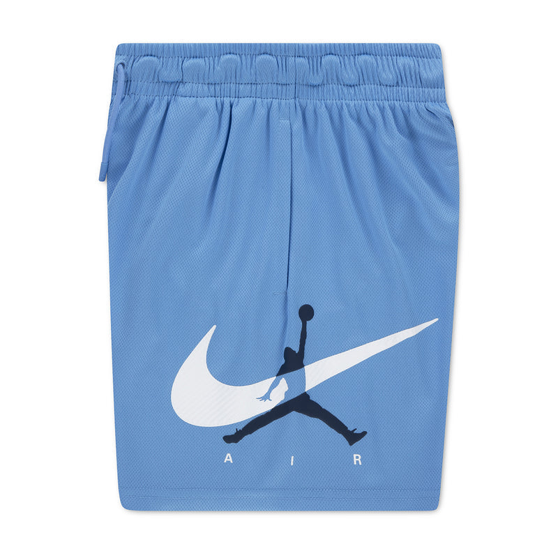 Youth blue mesh athletic shorts with elastic waist, drawstring, and front Jumpman logo
