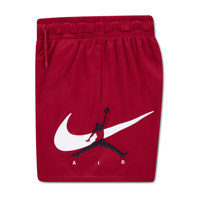 Youth Gym Red shorts with white swoosh graphic across front and elastic drawstring waist