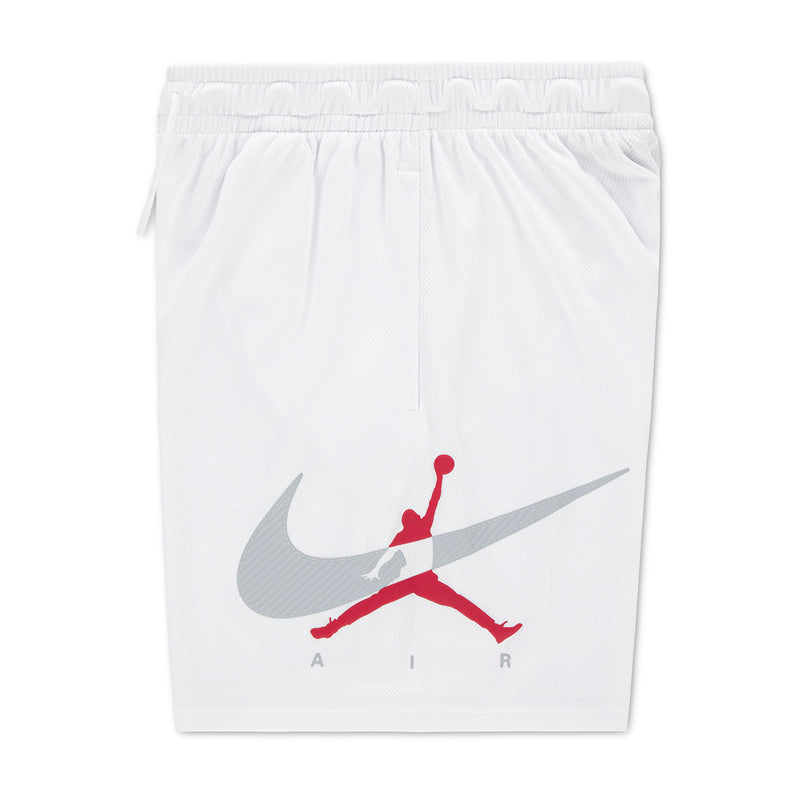 Youth white mesh shorts flat view with elastic waist and large Swoosh Air logo