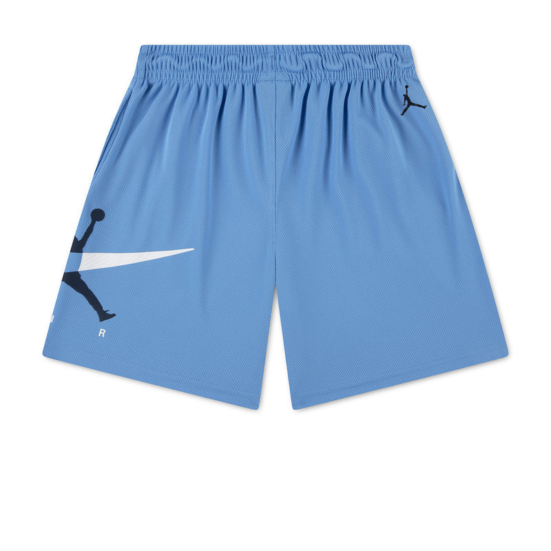 Youth blue mesh shorts with elastic waist and drawstring, allover Jordan Air logo graphic