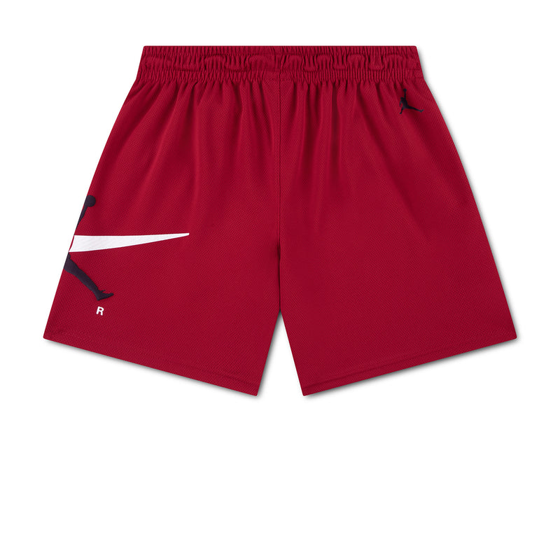 Youth Gym Red basketball shorts with white side swoosh logo and elastic waistband