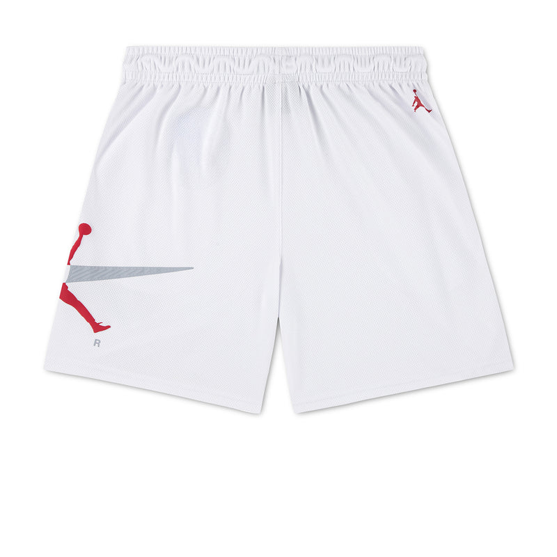 Youth white mesh shorts with elastic waist and Swoosh jumpman graphic on the left