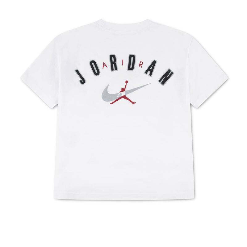 Youth Jordan Brand white tee with JORDAN arch lettering on back