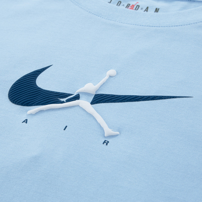 Light blue tee close-up of Air Jordan flying logo and swoosh