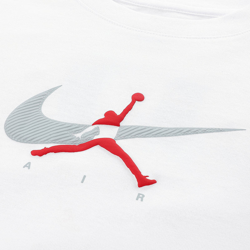 White youth Jordan tee close-up of red Jumpman logo with gray swoosh lines