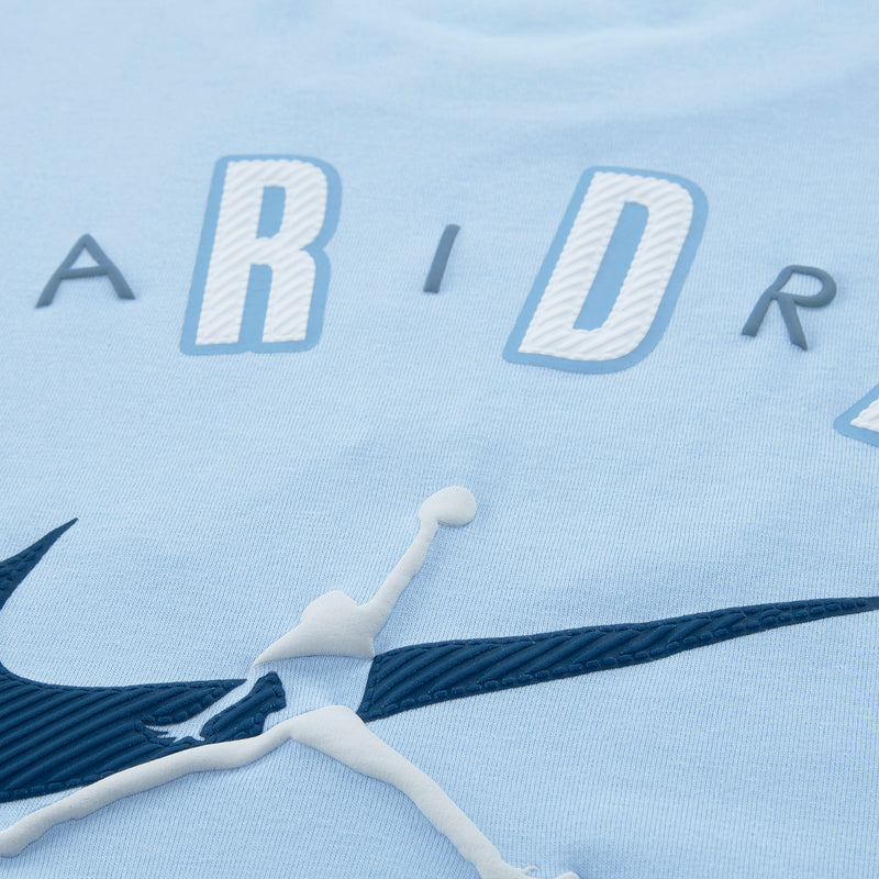 Light blue tee close-up of partial JORDAN letters and Air Jordan swoosh