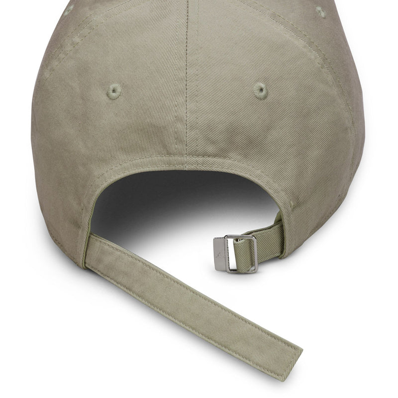 Unstructured khaki cap with adjustable strap and curved bill detail.