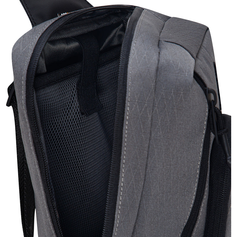 Iron grey crossbody bag showing inner compartments and black mesh back panel
