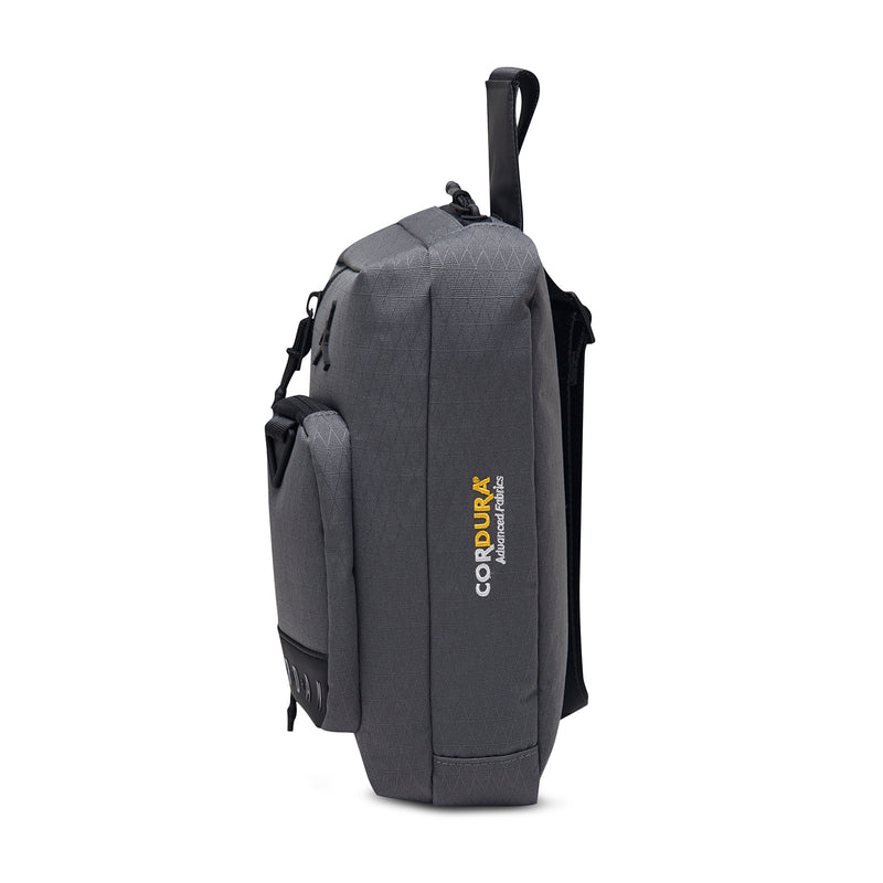 Iron grey crossbody bag back view with vertical 'CORDURA' label and carry straps
