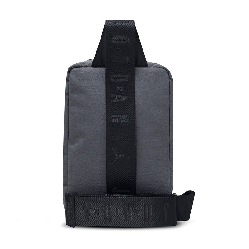 Iron grey crossbody bag with adjustable crossbody strap and Jordan logo webbing