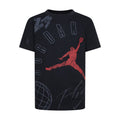 Black youth T-shirt with red Jumpman graphic and gray sport-style text
