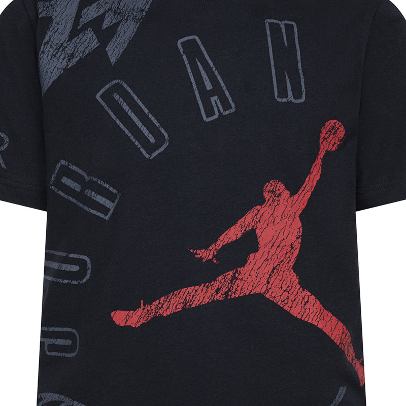 Black youth T-shirt with large red Jumpman basketball pose front graphic
