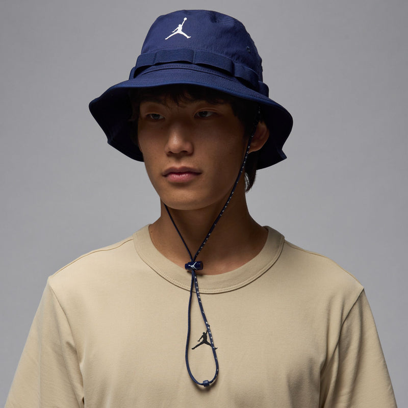Jordan Jumpman navy bucket hat with white logo and chin cord