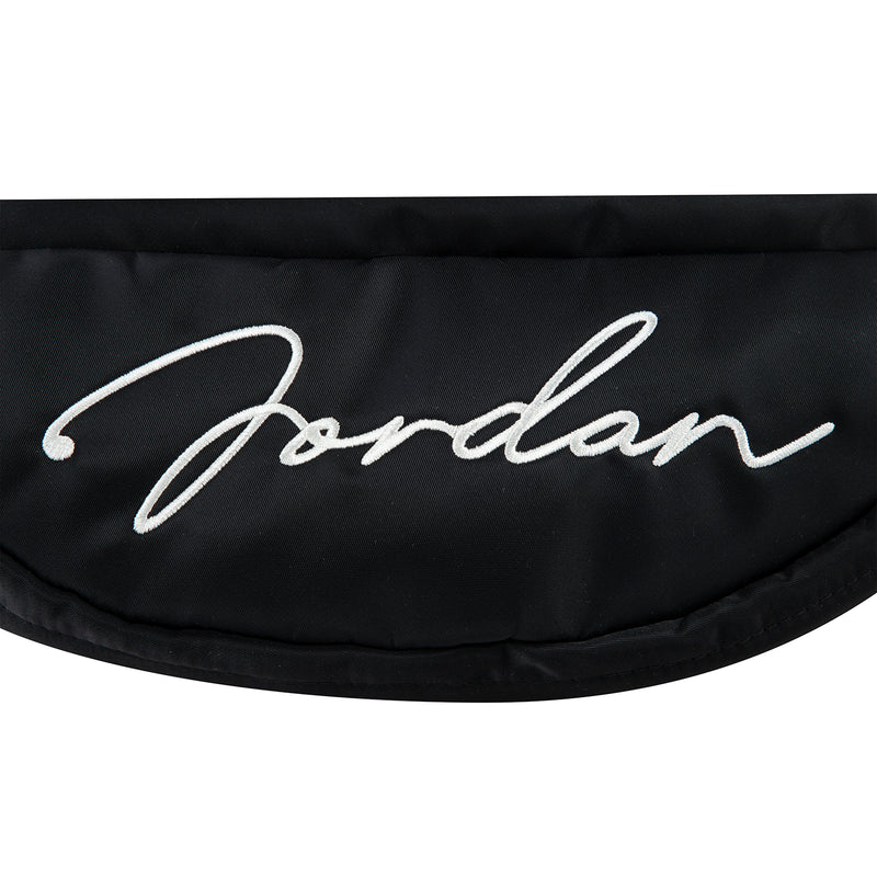 Black crossbody waist bag with white “Jordan” signature logo on the front