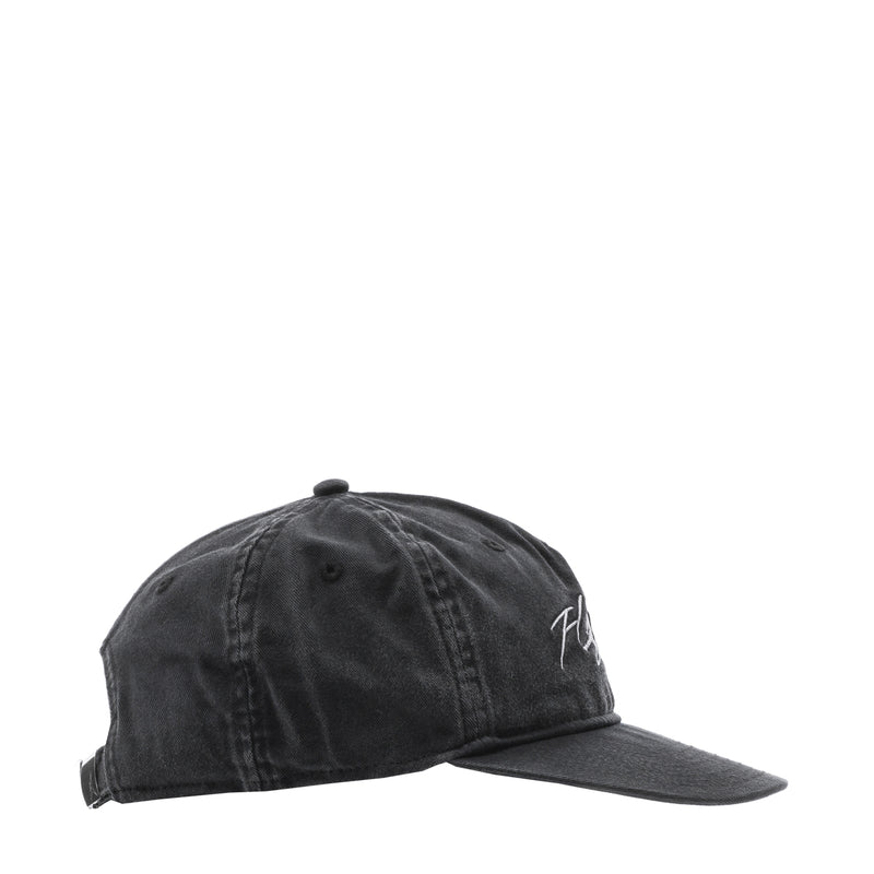 Dark 5-panel unstructured cap with curved brim, side profile
