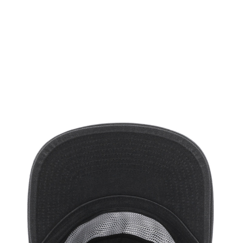Black strapback cap interior close-up with front mesh panel and stitched brim