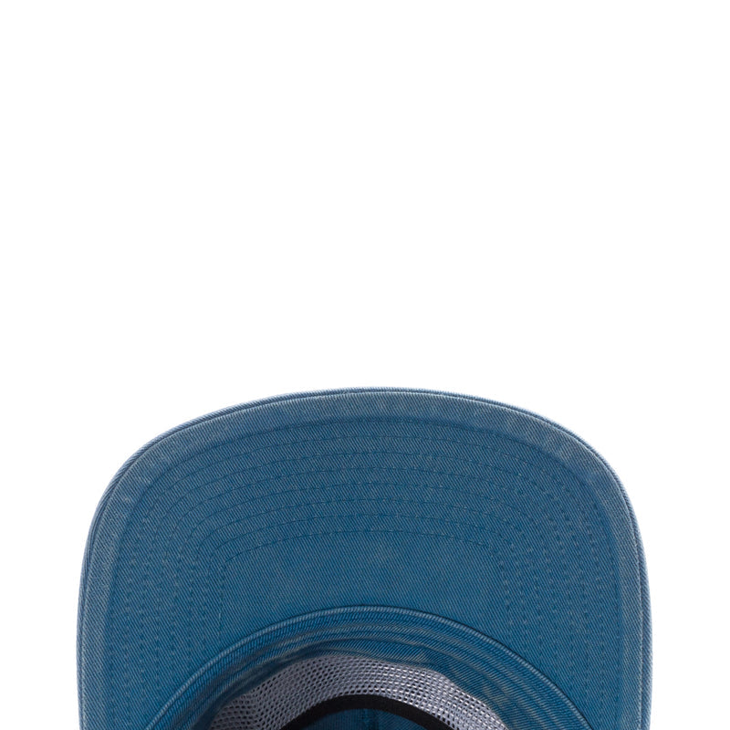 Faded blue cap interior with stitched brim edge and dark underbill