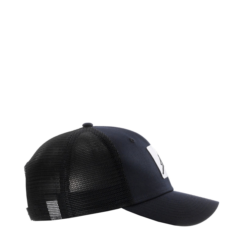 Black trucker cap with mesh back and white Jumpman emblem on the front