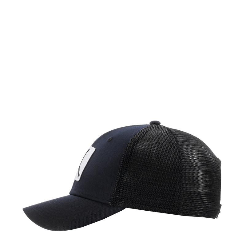 Black trucker cap, angled side view with white Jumpman emblem