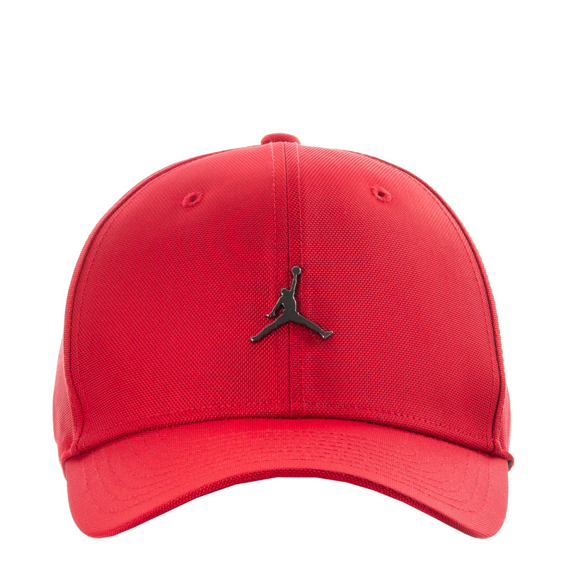 Red structured cap with curved bill and embroidered Jumpman logo