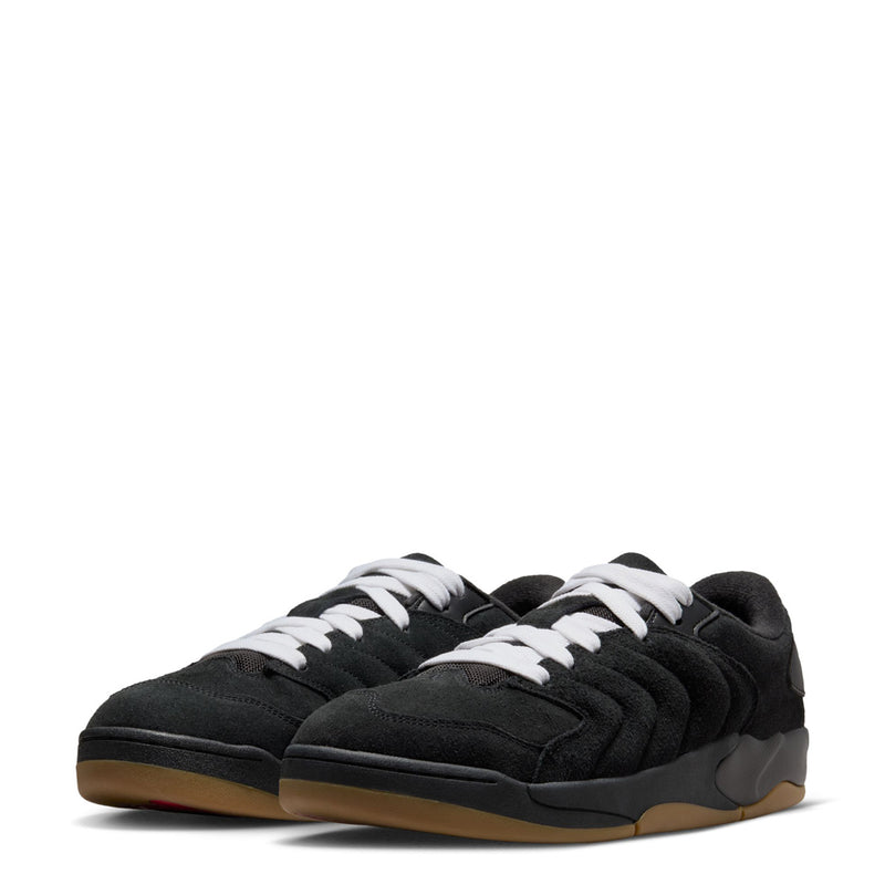 Black lace-up sneakers with white laces, padded toe and side, gum outsole