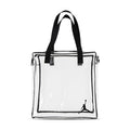 Jordan Stadium clear tote bag with black top handles and Jumpman logo on front