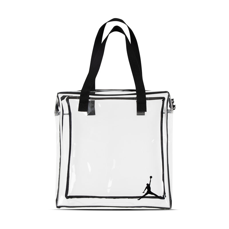 Jordan Stadium clear tote bag with black top handles and Jumpman logo on front