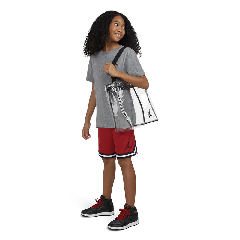 Jordan Stadium clear tote bag with black handles, carried on shoulder