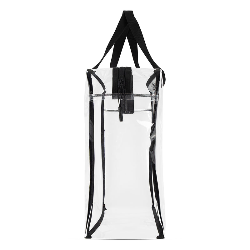 Jordan Stadium clear tote bag with black backpack-style straps and trim
