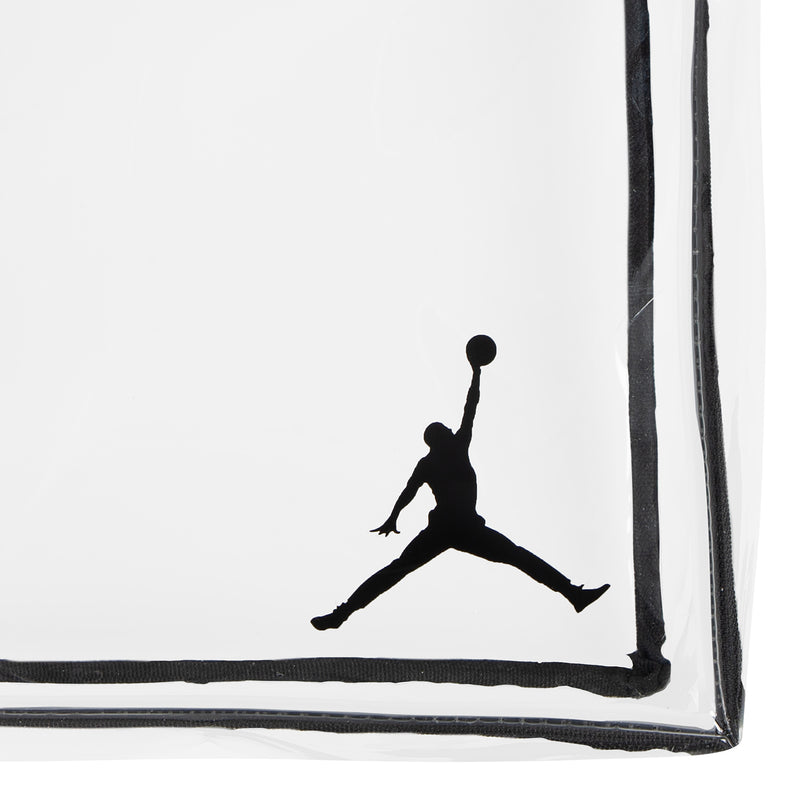 Jordan Stadium clear tote bag corner with black Jumpman logo and stitched trim