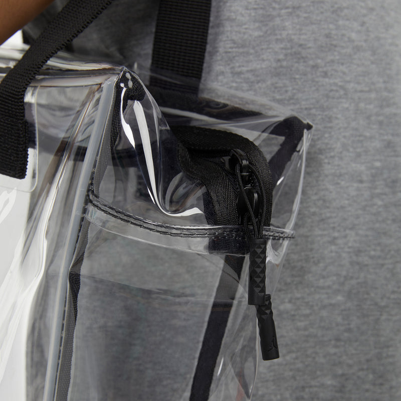 Jordan Stadium clear tote bag with black internal pocket and strap detail