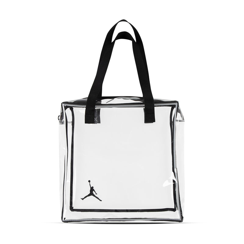 Jordan Stadium clear tote bag with black top handles and Jumpman logo detail