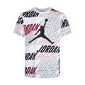 Youth graphic T-shirt in white with black Jumpman and red lettering, crew neck