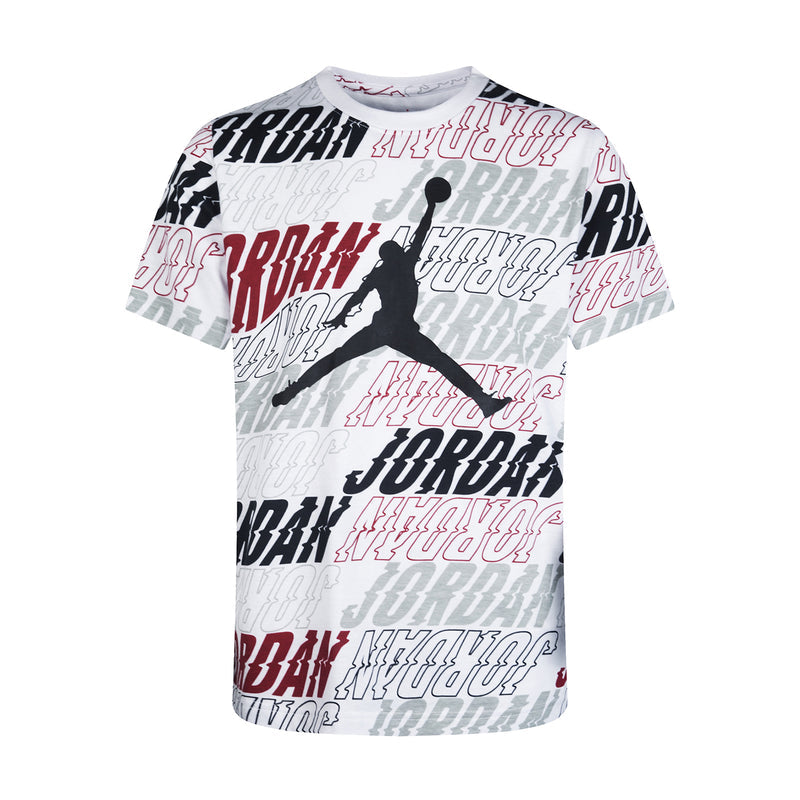 Youth graphic T-shirt in white with black Jumpman and red lettering, crew neck