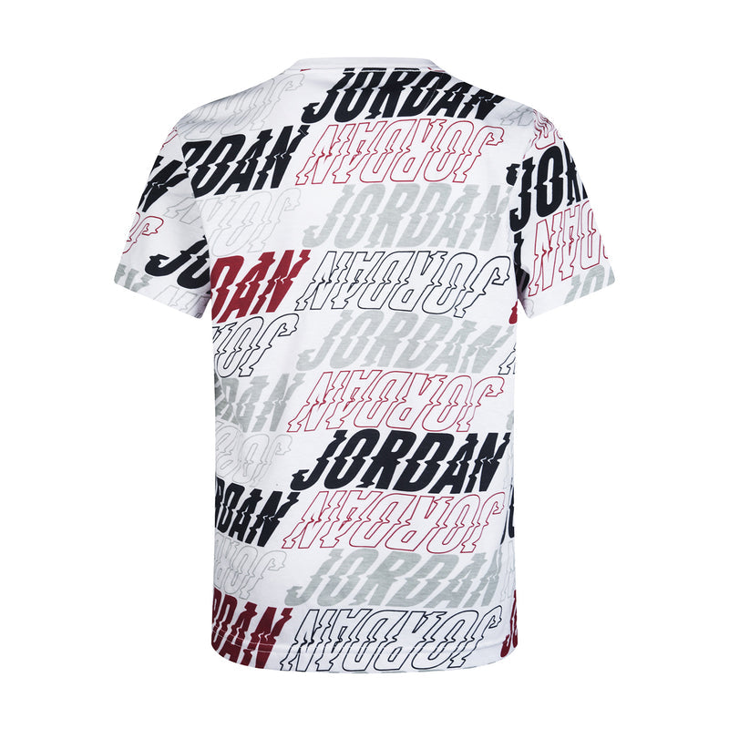 Youth graphic T-shirt back: white base with black Jumpman silhouette and red text