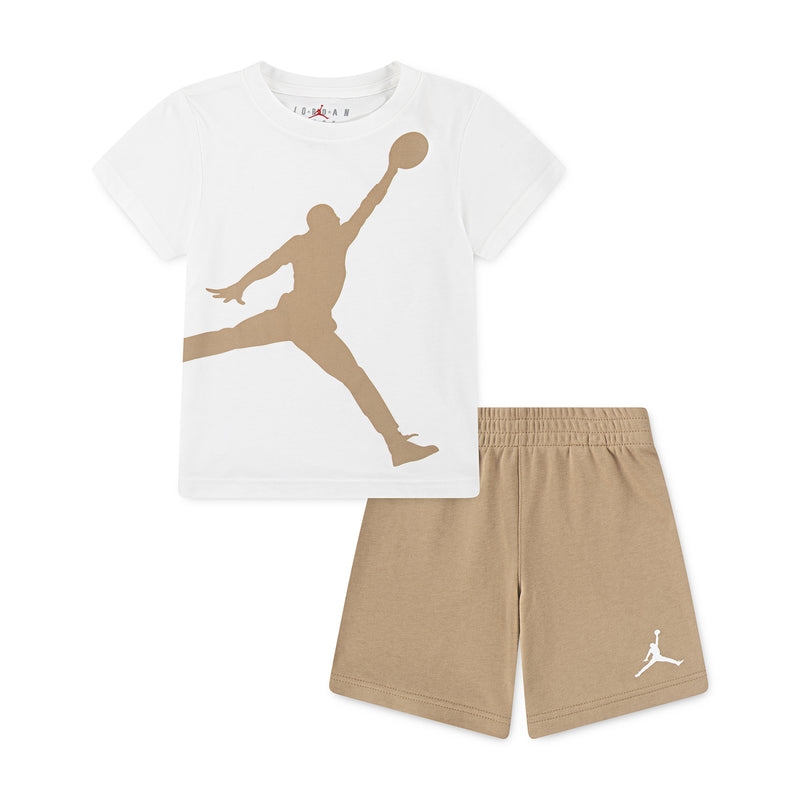 Kids white T-shirt and tan shorts set, large Jumpman graphic on the shirt