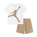 Toddler short set: white T-shirt with tan Jumpman silhouette and tan elastic waist shorts